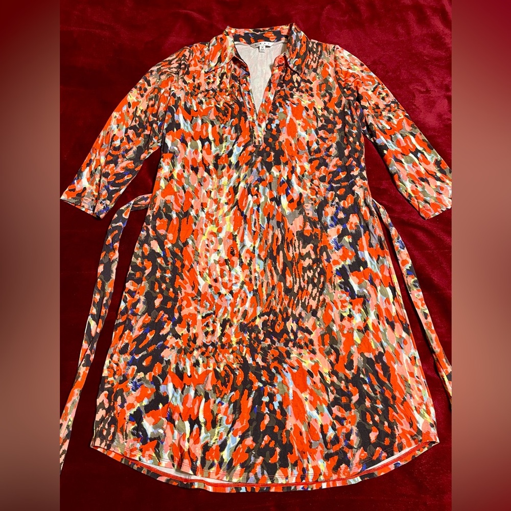 CAbi Multicolor Abstract Belted Shirt Dress Jersey Knit Collared Office Preppy - Picture 5 of 9